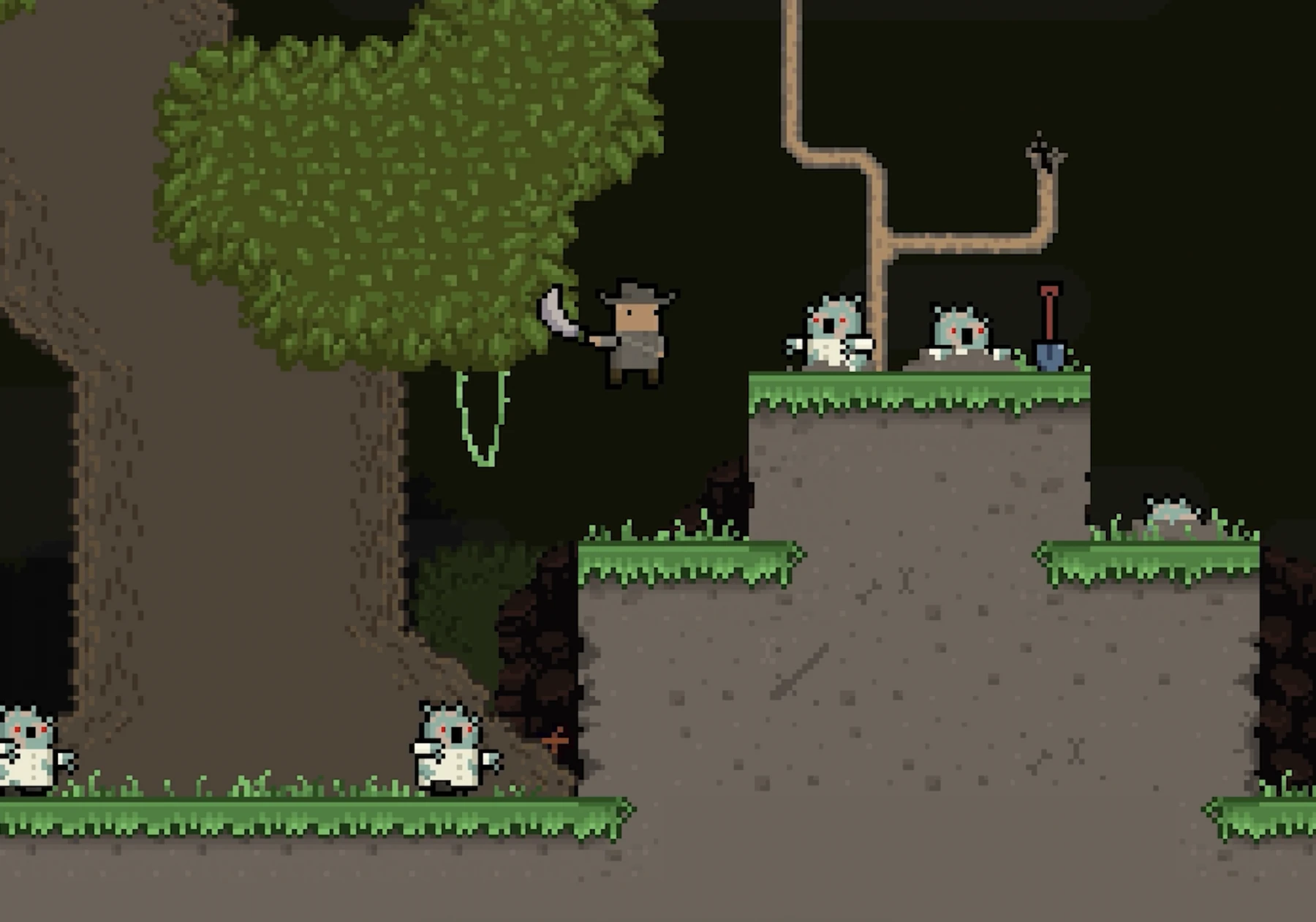 A Raider leaps with a machete above red-eyed ghouls rising from the ground.