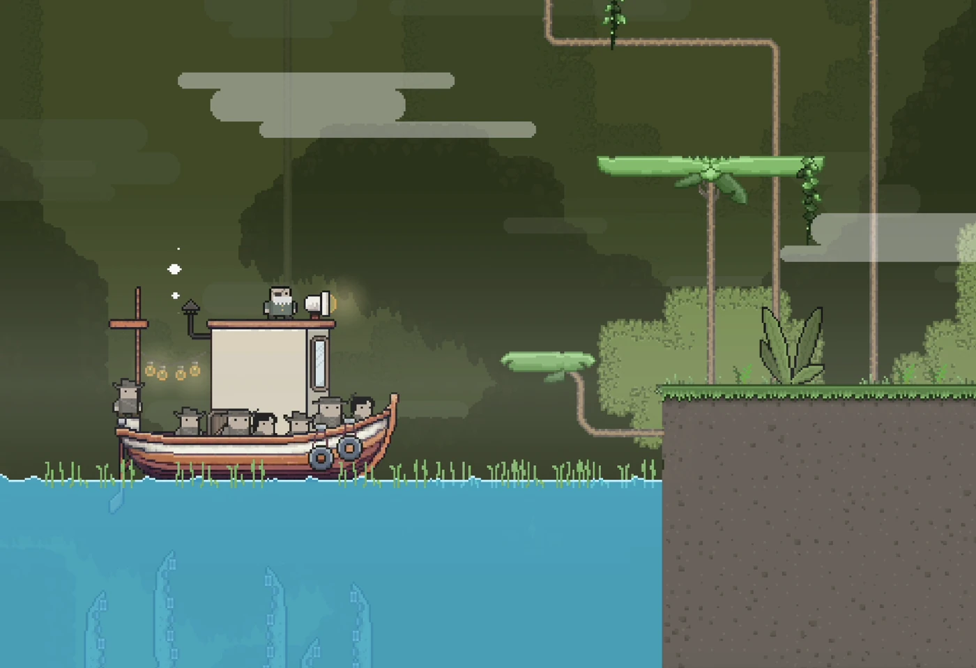 The houseboat, packed with Raiders, docks at the edge of a misty jungle.