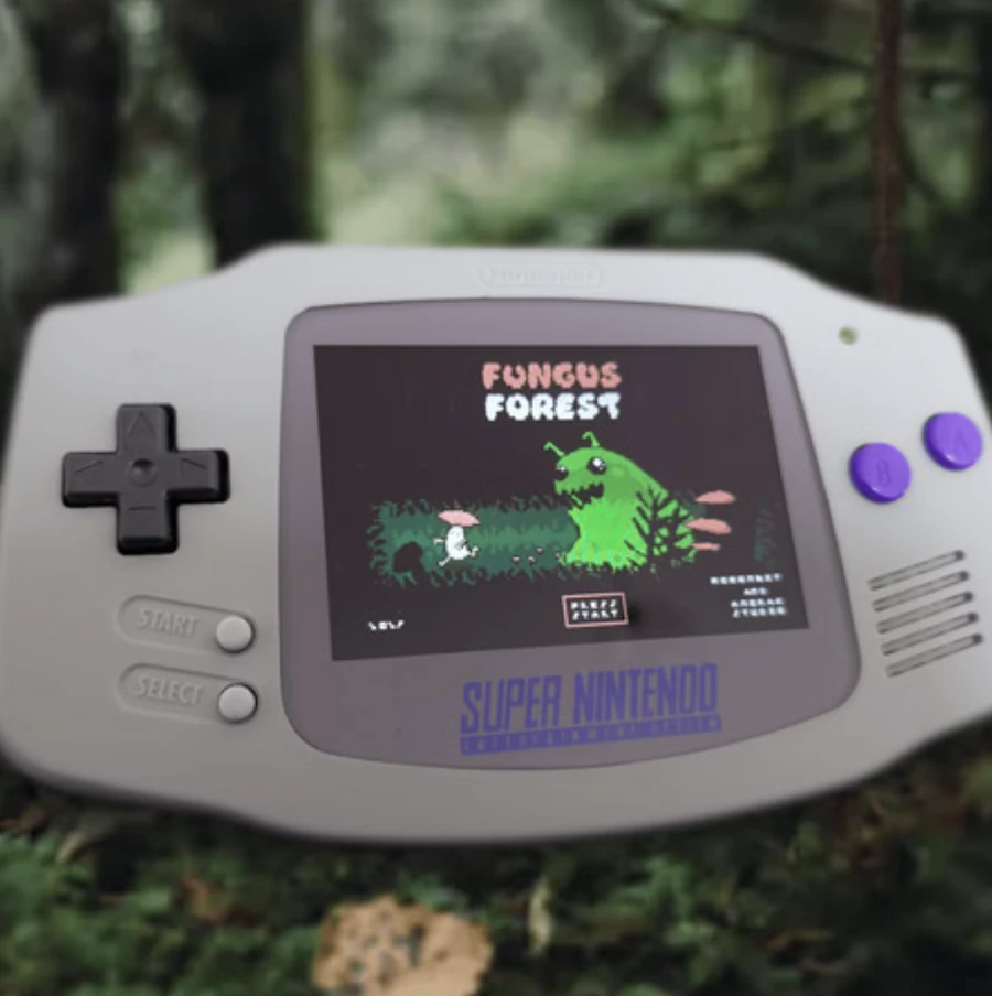 Fungus Forest on a handheld console, resting on forest moss.
