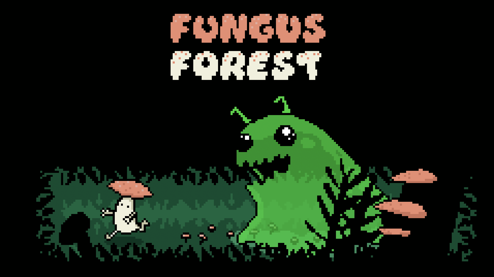 Fungus Forest: a little mushroom runs from a giant slug in the forest.