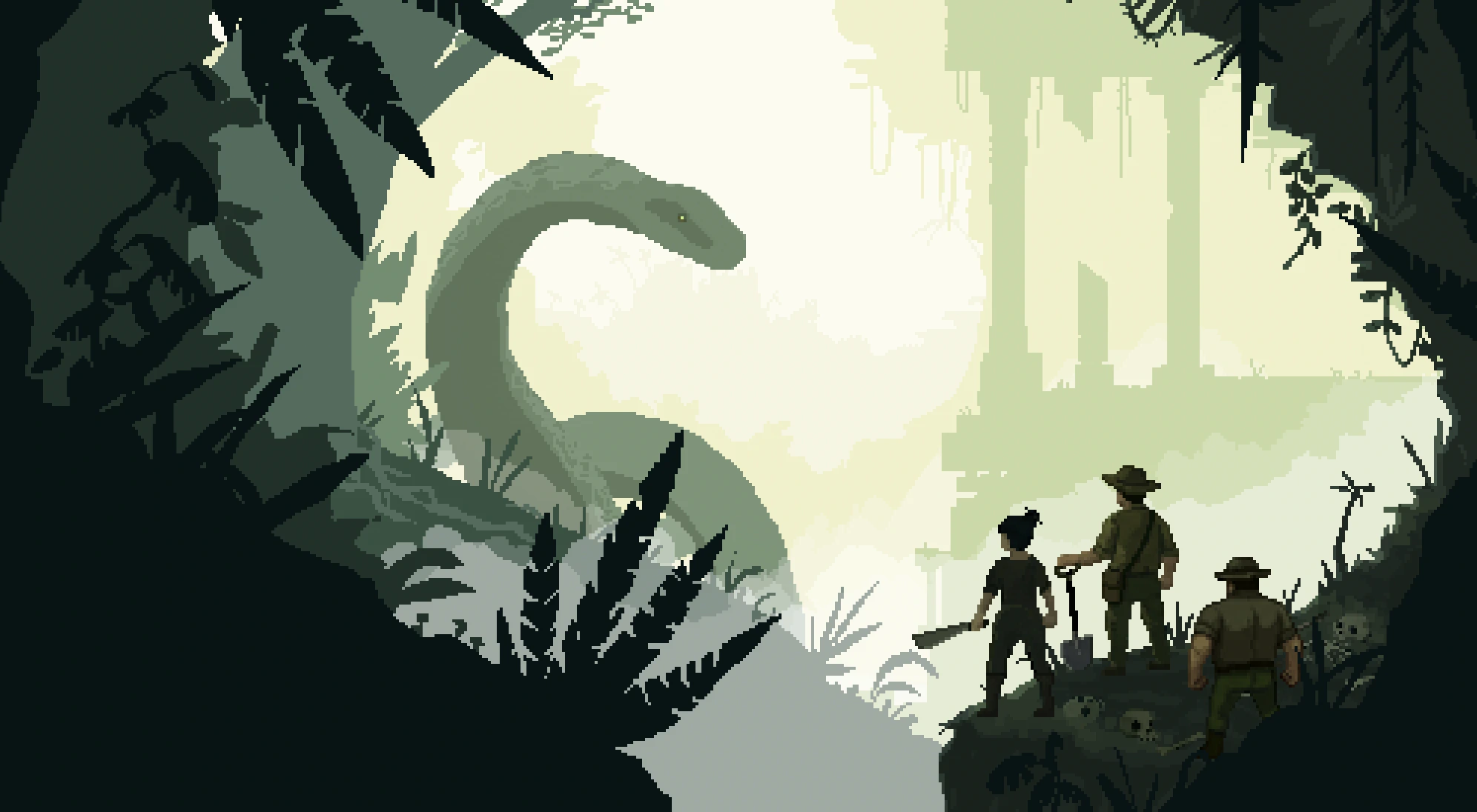 Three Raiders on a skull-covered cliff watch a giant sauropod in a misty jungle.