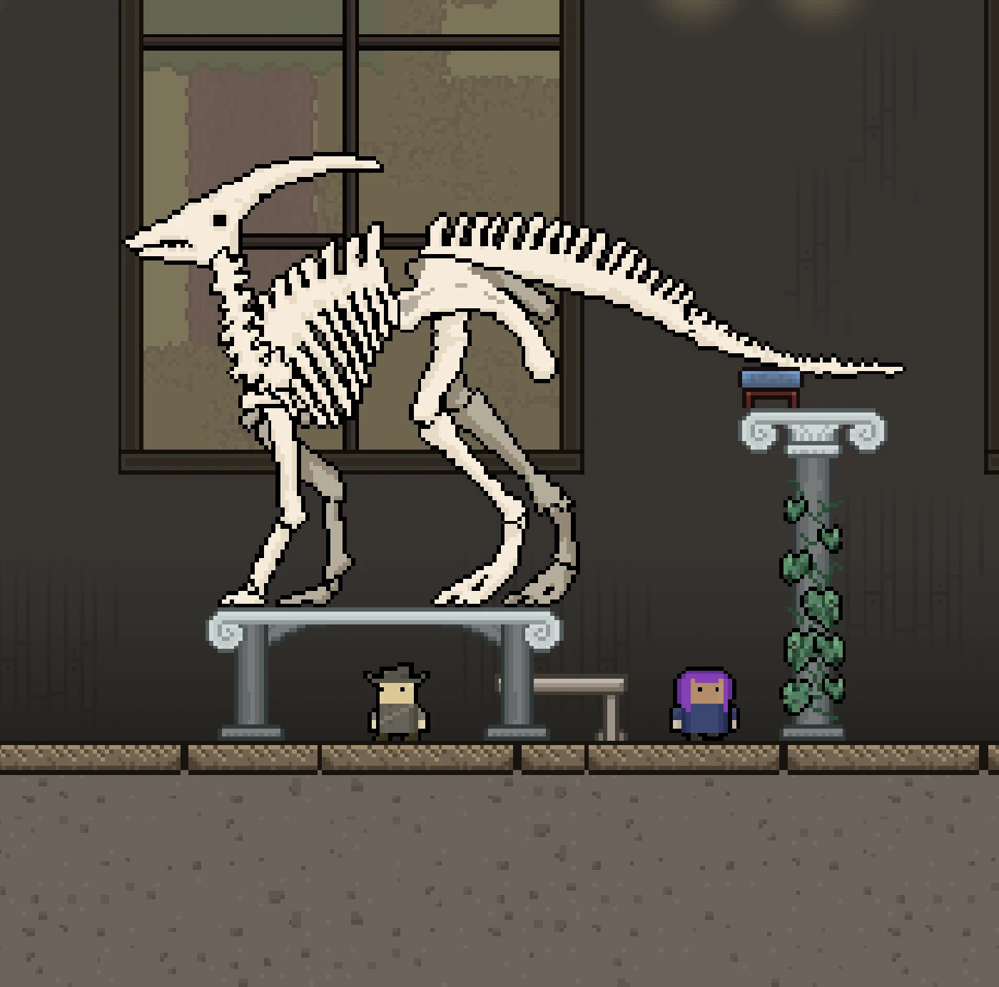 A Raider and the purple-haired curator stand before a parasaurolophus skeleton.