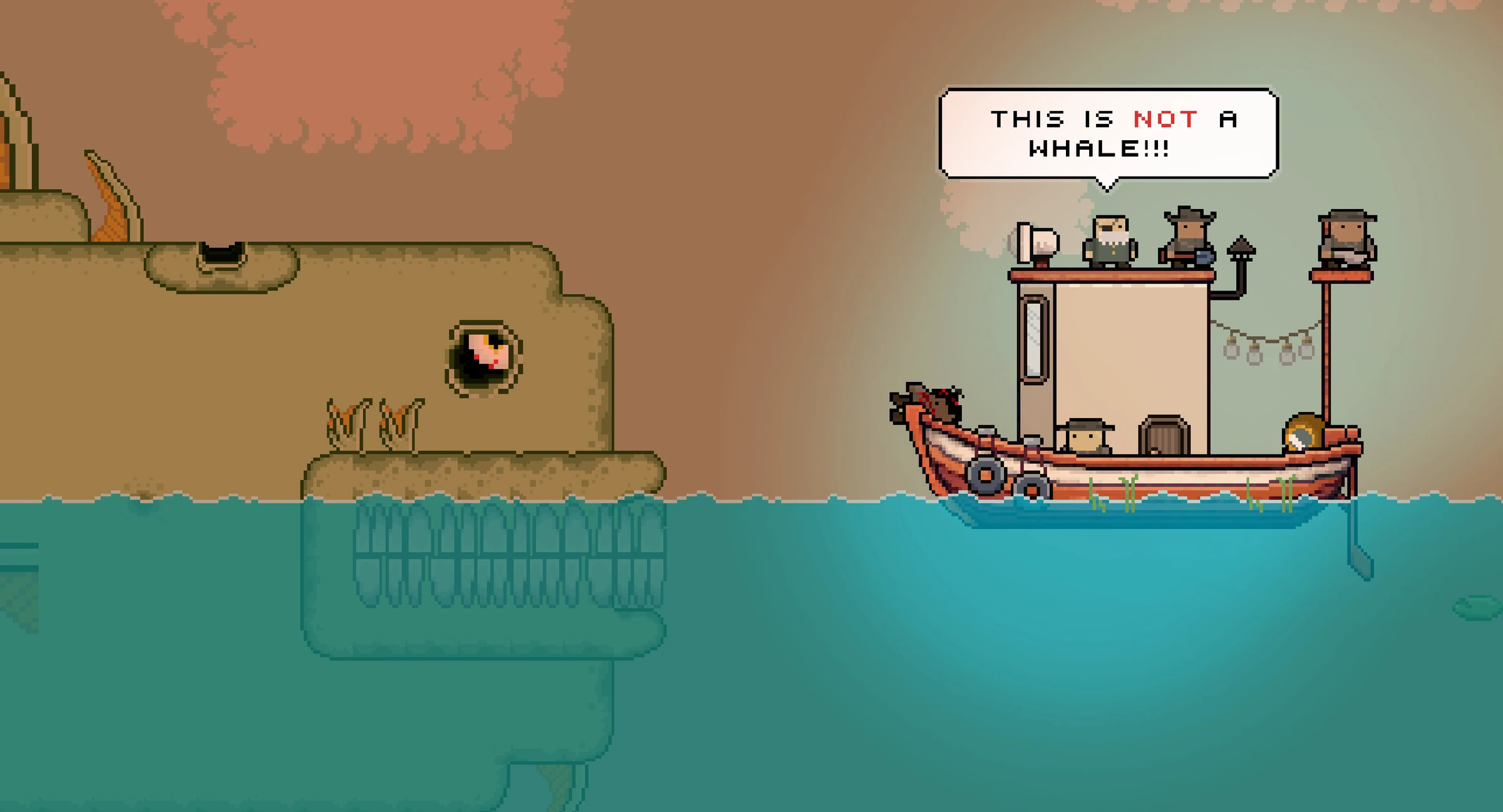 The crew on the boat's roof shouts “This is NOT a whale!!!” at a giant creature with huge teeth.