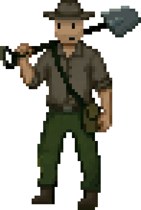 The Explorer, bearded and hatted, a shovel over his shoulder.
