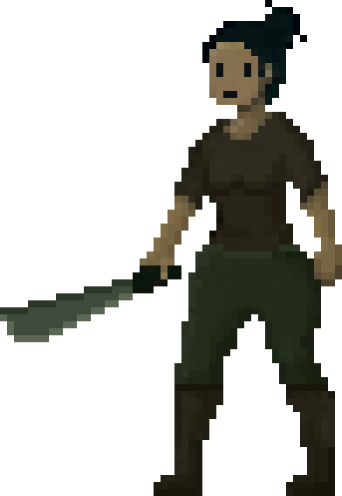 The Fast, hair in a bun, machete in hand.