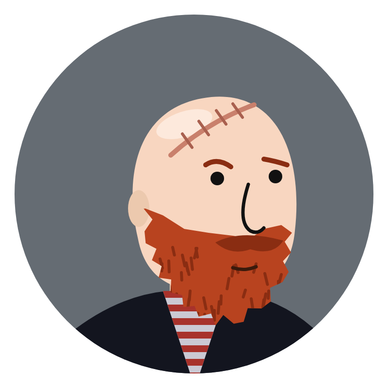Illustrated portrait of Patrick, bald with a red beard and a scar across his head.