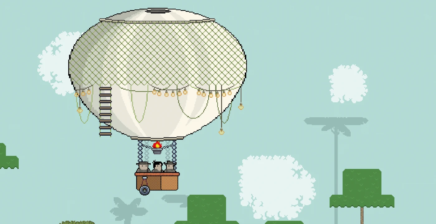 The three Raiders in a hot-air balloon basket above the jungle.
